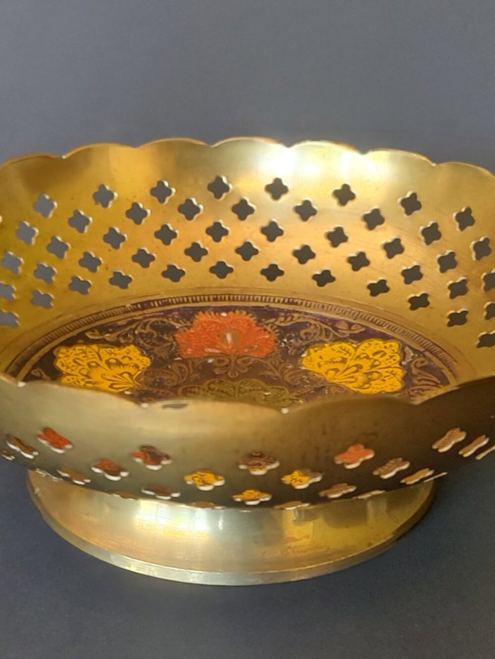 Vintage Indian Brass Pedestal Bowl Pierced Woven Design Enameled Floral Center